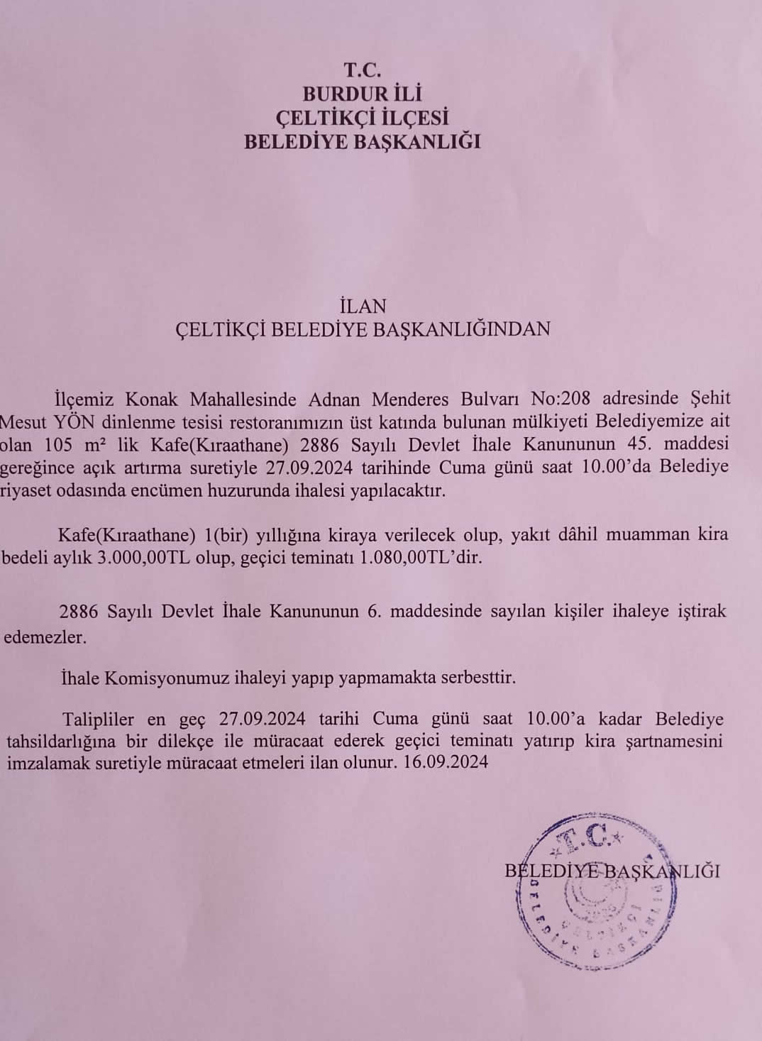 İHALE İLANI 16/09/2024