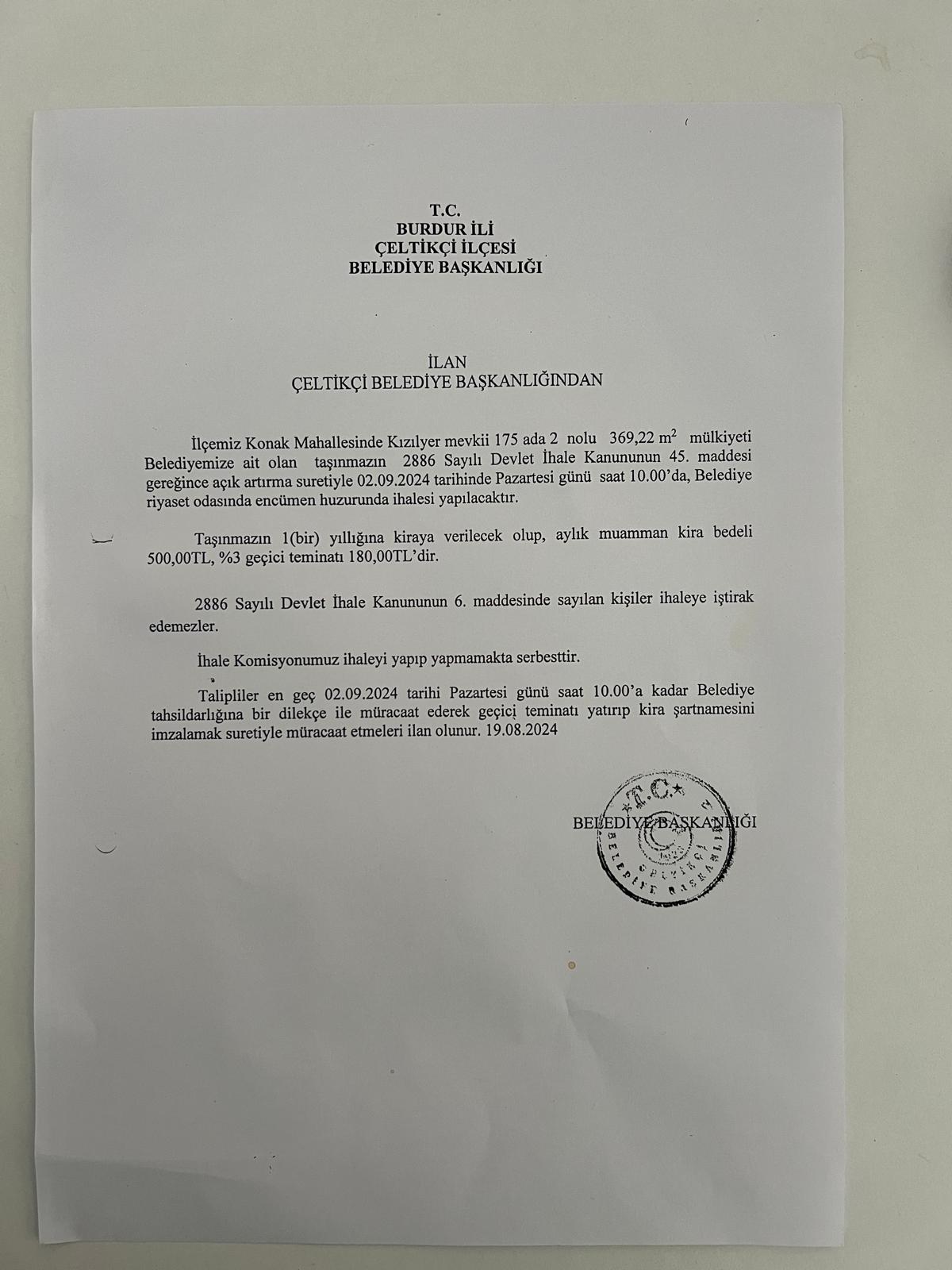 İhale İlanı 19/08/2024